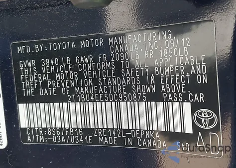 2013 Toyota Corolla Le from USA, damaged, VIN 2T1BU4EE5DC950875
